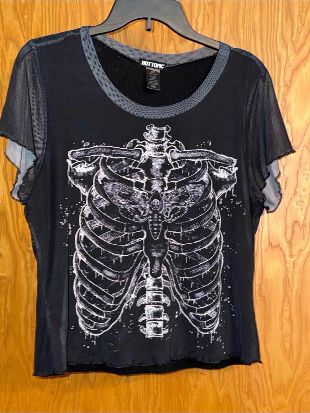Hot Topic Black Mesh Ribcage & Moth Graphic Tee